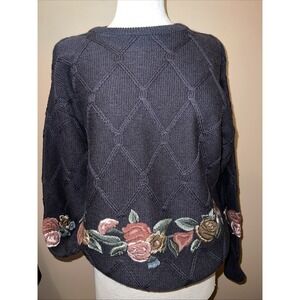 VTG JH Collectibles Wool Rose Floral Sweater Womens Size Large Embroidered 90s